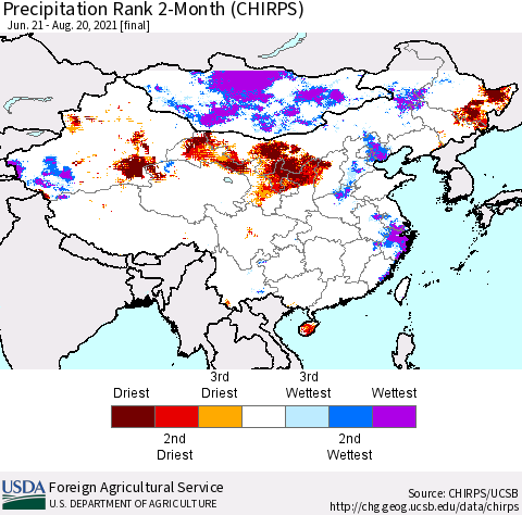 China, Mongolia and Taiwan Precipitation Rank since 1981, 2-Month (CHIRPS) Thematic Map For 6/21/2021 - 8/20/2021