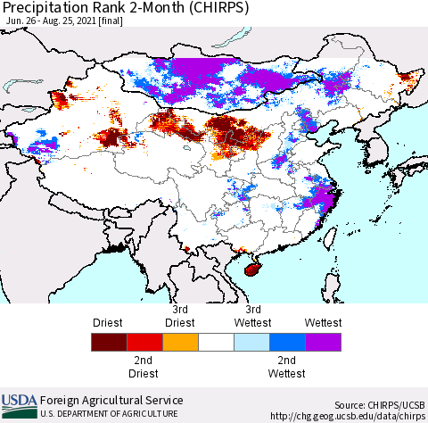 China, Mongolia and Taiwan Precipitation Rank since 1981, 2-Month (CHIRPS) Thematic Map For 6/26/2021 - 8/25/2021