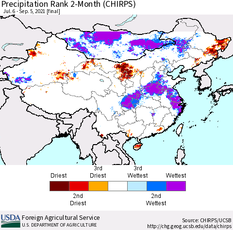 China, Mongolia and Taiwan Precipitation Rank since 1981, 2-Month (CHIRPS) Thematic Map For 7/6/2021 - 9/5/2021