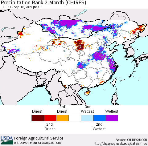 China, Mongolia and Taiwan Precipitation Rank since 1981, 2-Month (CHIRPS) Thematic Map For 7/11/2021 - 9/10/2021