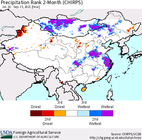 China, Mongolia and Taiwan Precipitation Rank since 1981, 2-Month (CHIRPS) Thematic Map For 7/16/2021 - 9/15/2021