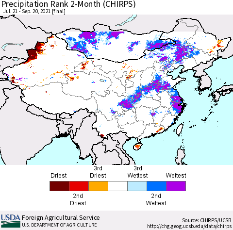 China, Mongolia and Taiwan Precipitation Rank since 1981, 2-Month (CHIRPS) Thematic Map For 7/21/2021 - 9/20/2021