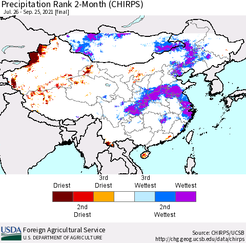 China, Mongolia and Taiwan Precipitation Rank since 1981, 2-Month (CHIRPS) Thematic Map For 7/26/2021 - 9/25/2021