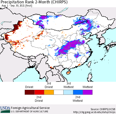China, Mongolia and Taiwan Precipitation Rank since 1981, 2-Month (CHIRPS) Thematic Map For 8/1/2021 - 9/30/2021