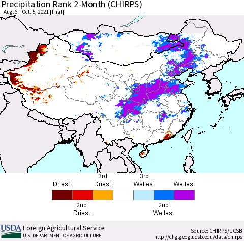 China, Mongolia and Taiwan Precipitation Rank since 1981, 2-Month (CHIRPS) Thematic Map For 8/6/2021 - 10/5/2021