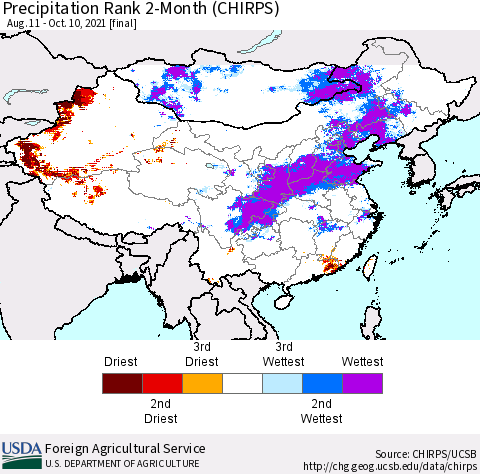 China, Mongolia and Taiwan Precipitation Rank since 1981, 2-Month (CHIRPS) Thematic Map For 8/11/2021 - 10/10/2021