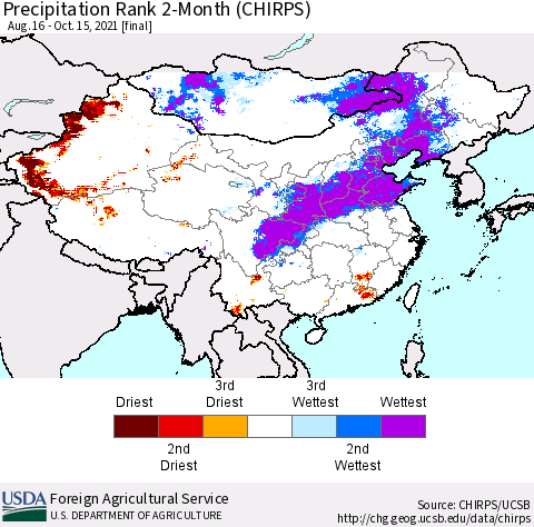 China, Mongolia and Taiwan Precipitation Rank since 1981, 2-Month (CHIRPS) Thematic Map For 8/16/2021 - 10/15/2021
