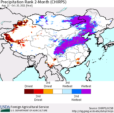 China, Mongolia and Taiwan Precipitation Rank since 1981, 2-Month (CHIRPS) Thematic Map For 8/21/2021 - 10/20/2021