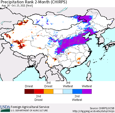 China, Mongolia and Taiwan Precipitation Rank since 1981, 2-Month (CHIRPS) Thematic Map For 8/26/2021 - 10/25/2021