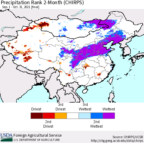 China, Mongolia and Taiwan Precipitation Rank since 1981, 2-Month (CHIRPS) Thematic Map For 9/1/2021 - 10/31/2021