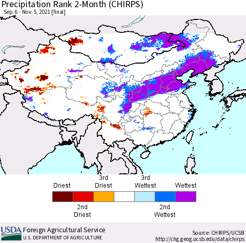 China, Mongolia and Taiwan Precipitation Rank since 1981, 2-Month (CHIRPS) Thematic Map For 9/6/2021 - 11/5/2021