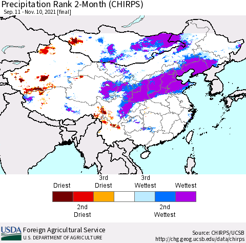 China, Mongolia and Taiwan Precipitation Rank since 1981, 2-Month (CHIRPS) Thematic Map For 9/11/2021 - 11/10/2021