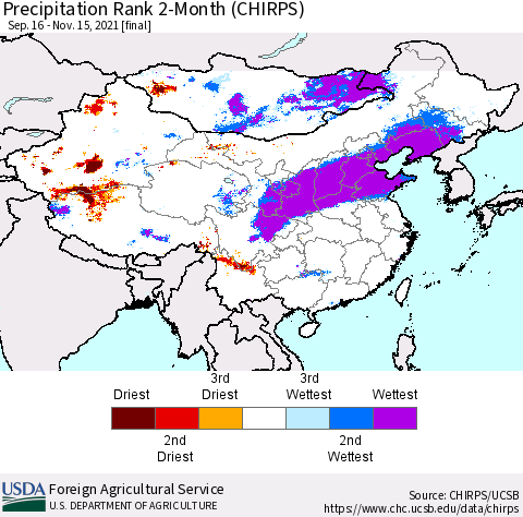 China, Mongolia and Taiwan Precipitation Rank since 1981, 2-Month (CHIRPS) Thematic Map For 9/16/2021 - 11/15/2021