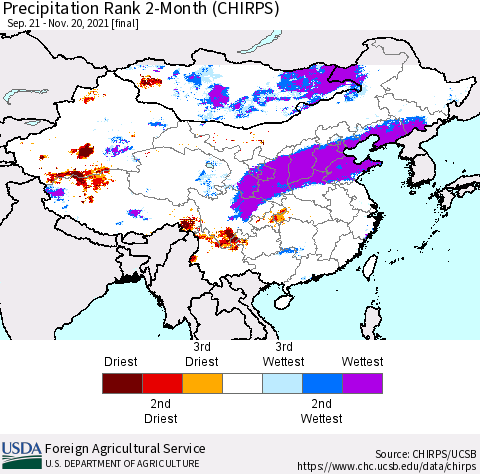 China, Mongolia and Taiwan Precipitation Rank since 1981, 2-Month (CHIRPS) Thematic Map For 9/21/2021 - 11/20/2021