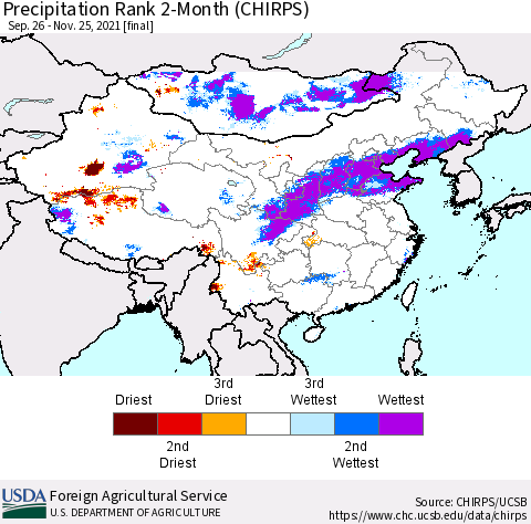 China, Mongolia and Taiwan Precipitation Rank since 1981, 2-Month (CHIRPS) Thematic Map For 9/26/2021 - 11/25/2021