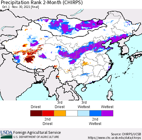 China, Mongolia and Taiwan Precipitation Rank since 1981, 2-Month (CHIRPS) Thematic Map For 10/1/2021 - 11/30/2021