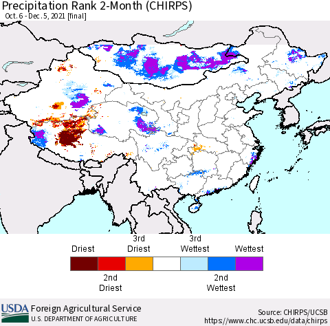China, Mongolia and Taiwan Precipitation Rank since 1981, 2-Month (CHIRPS) Thematic Map For 10/6/2021 - 12/5/2021