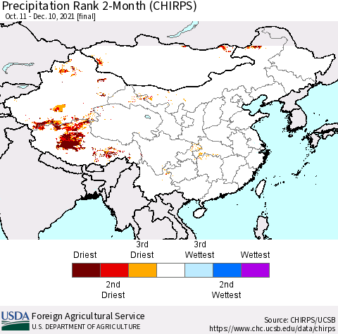 China, Mongolia and Taiwan Precipitation Rank since 1981, 2-Month (CHIRPS) Thematic Map For 10/11/2021 - 12/10/2021