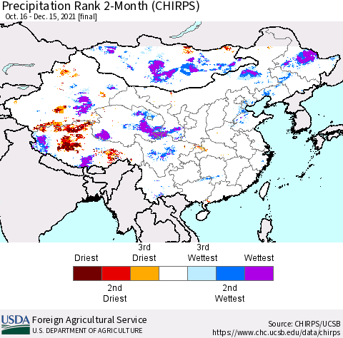China, Mongolia and Taiwan Precipitation Rank since 1981, 2-Month (CHIRPS) Thematic Map For 10/16/2021 - 12/15/2021