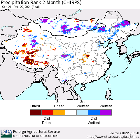 China, Mongolia and Taiwan Precipitation Rank since 1981, 2-Month (CHIRPS) Thematic Map For 10/21/2021 - 12/20/2021