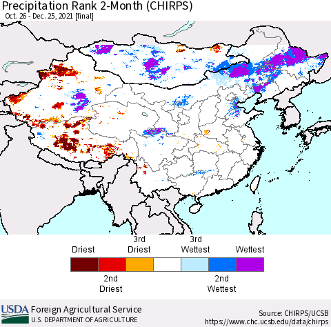 China, Mongolia and Taiwan Precipitation Rank since 1981, 2-Month (CHIRPS) Thematic Map For 10/26/2021 - 12/25/2021