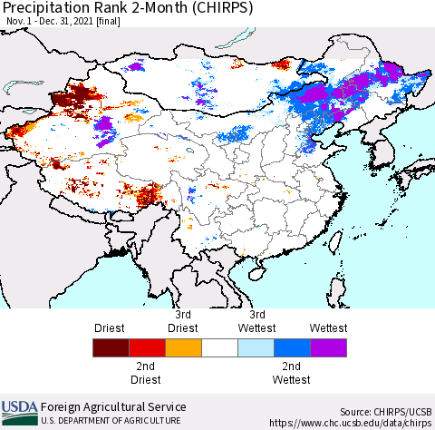 China, Mongolia and Taiwan Precipitation Rank since 1981, 2-Month (CHIRPS) Thematic Map For 11/1/2021 - 12/31/2021