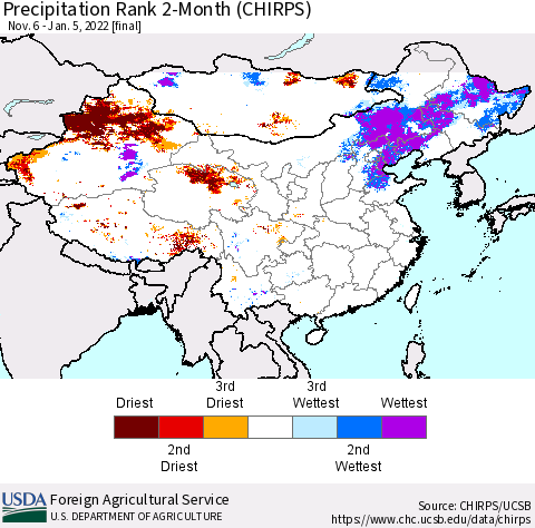 China, Mongolia and Taiwan Precipitation Rank since 1981, 2-Month (CHIRPS) Thematic Map For 11/6/2021 - 1/5/2022