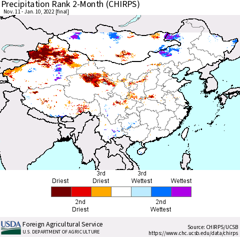 China, Mongolia and Taiwan Precipitation Rank since 1981, 2-Month (CHIRPS) Thematic Map For 11/11/2021 - 1/10/2022
