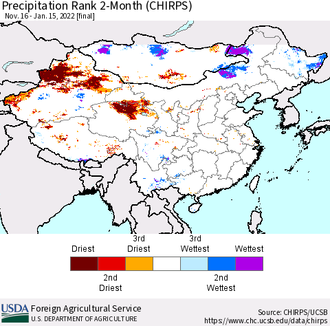 China, Mongolia and Taiwan Precipitation Rank since 1981, 2-Month (CHIRPS) Thematic Map For 11/16/2021 - 1/15/2022