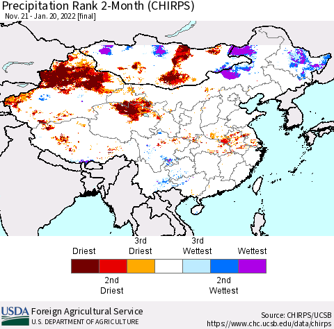 China, Mongolia and Taiwan Precipitation Rank since 1981, 2-Month (CHIRPS) Thematic Map For 11/21/2021 - 1/20/2022