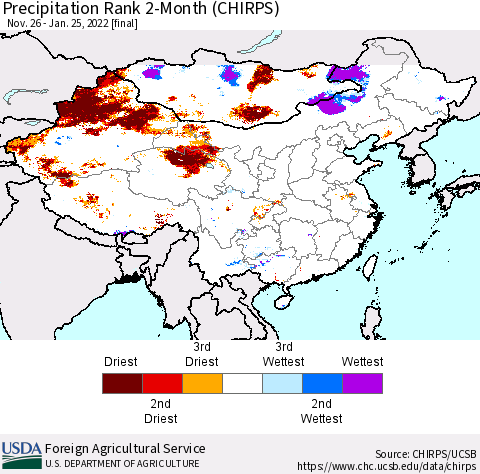 China, Mongolia and Taiwan Precipitation Rank since 1981, 2-Month (CHIRPS) Thematic Map For 11/26/2021 - 1/25/2022