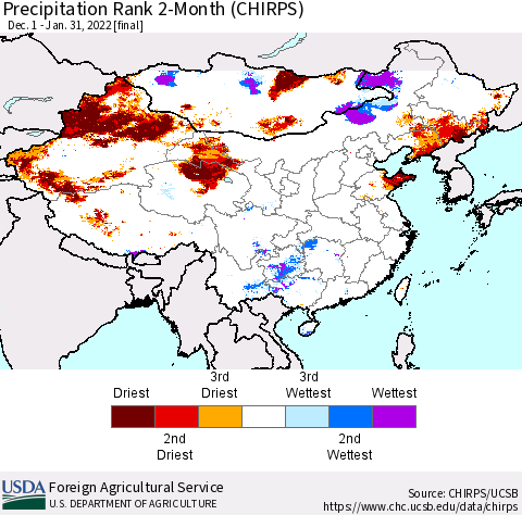 China, Mongolia and Taiwan Precipitation Rank since 1981, 2-Month (CHIRPS) Thematic Map For 12/1/2021 - 1/31/2022