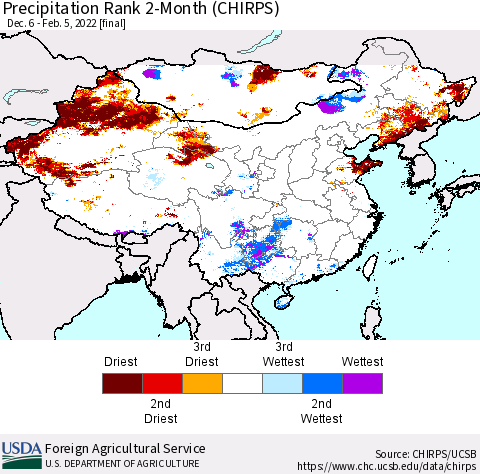 China, Mongolia and Taiwan Precipitation Rank since 1981, 2-Month (CHIRPS) Thematic Map For 12/6/2021 - 2/5/2022