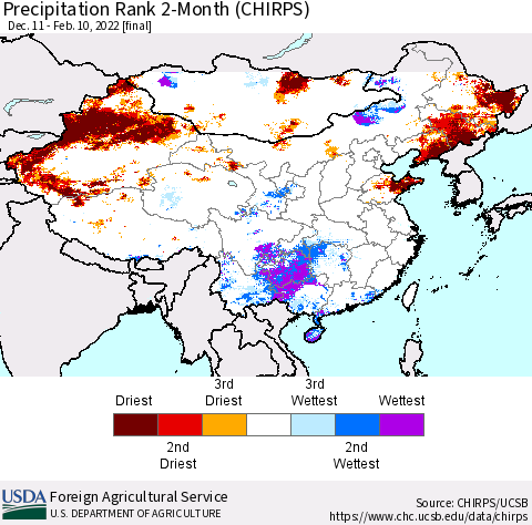 China, Mongolia and Taiwan Precipitation Rank since 1981, 2-Month (CHIRPS) Thematic Map For 12/11/2021 - 2/10/2022
