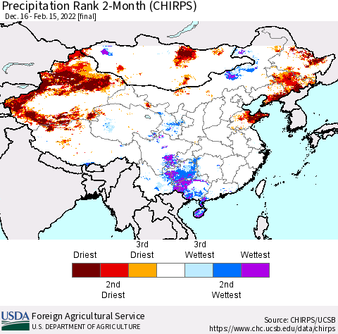 China, Mongolia and Taiwan Precipitation Rank since 1981, 2-Month (CHIRPS) Thematic Map For 12/16/2021 - 2/15/2022