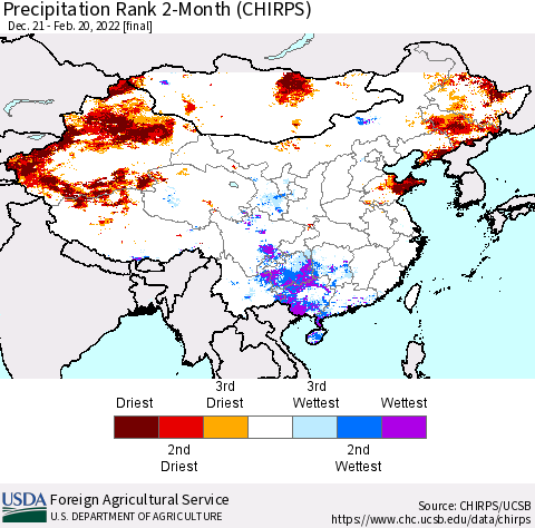 China, Mongolia and Taiwan Precipitation Rank since 1981, 2-Month (CHIRPS) Thematic Map For 12/21/2021 - 2/20/2022