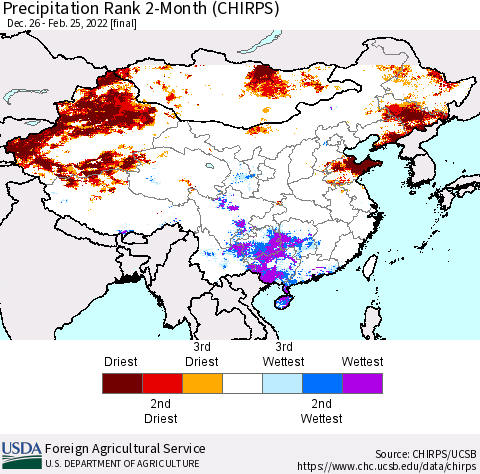 China, Mongolia and Taiwan Precipitation Rank since 1981, 2-Month (CHIRPS) Thematic Map For 12/26/2021 - 2/25/2022