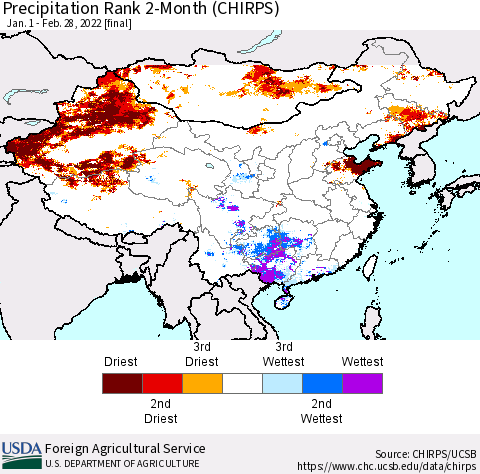 China, Mongolia and Taiwan Precipitation Rank since 1981, 2-Month (CHIRPS) Thematic Map For 1/1/2022 - 2/28/2022