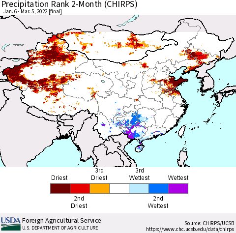 China, Mongolia and Taiwan Precipitation Rank since 1981, 2-Month (CHIRPS) Thematic Map For 1/6/2022 - 3/5/2022