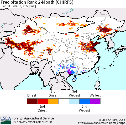 China, Mongolia and Taiwan Precipitation Rank since 1981, 2-Month (CHIRPS) Thematic Map For 1/11/2022 - 3/10/2022