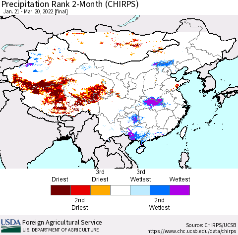 China, Mongolia and Taiwan Precipitation Rank since 1981, 2-Month (CHIRPS) Thematic Map For 1/21/2022 - 3/20/2022