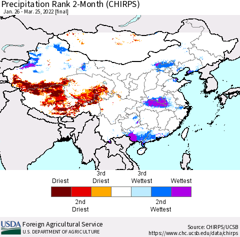 China, Mongolia and Taiwan Precipitation Rank since 1981, 2-Month (CHIRPS) Thematic Map For 1/26/2022 - 3/25/2022