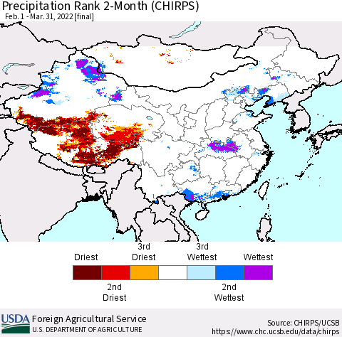 China, Mongolia and Taiwan Precipitation Rank since 1981, 2-Month (CHIRPS) Thematic Map For 2/1/2022 - 3/31/2022