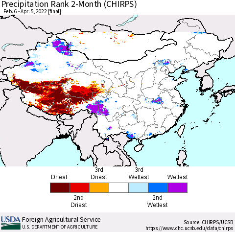 China, Mongolia and Taiwan Precipitation Rank since 1981, 2-Month (CHIRPS) Thematic Map For 2/6/2022 - 4/5/2022