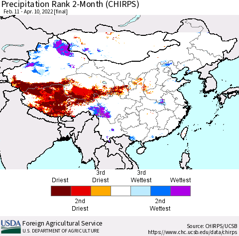 China, Mongolia and Taiwan Precipitation Rank since 1981, 2-Month (CHIRPS) Thematic Map For 2/11/2022 - 4/10/2022