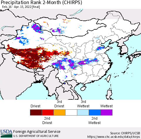 China, Mongolia and Taiwan Precipitation Rank since 1981, 2-Month (CHIRPS) Thematic Map For 2/16/2022 - 4/15/2022