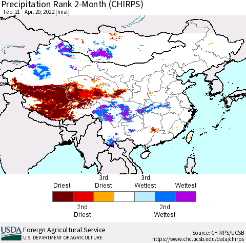 China, Mongolia and Taiwan Precipitation Rank since 1981, 2-Month (CHIRPS) Thematic Map For 2/21/2022 - 4/20/2022