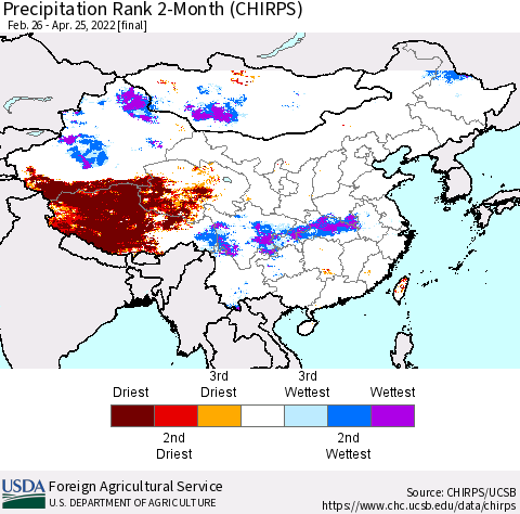 China, Mongolia and Taiwan Precipitation Rank since 1981, 2-Month (CHIRPS) Thematic Map For 2/26/2022 - 4/25/2022