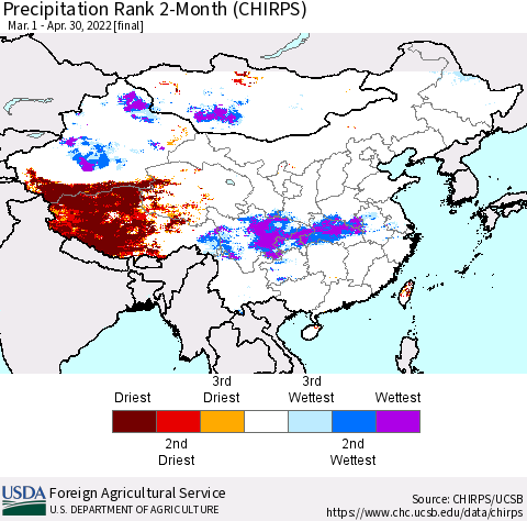 China, Mongolia and Taiwan Precipitation Rank since 1981, 2-Month (CHIRPS) Thematic Map For 3/1/2022 - 4/30/2022