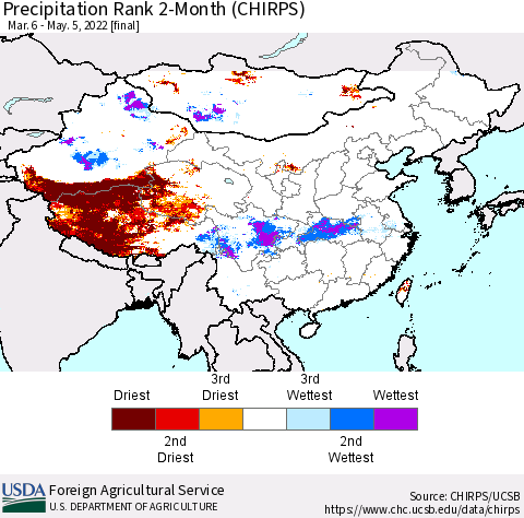 China, Mongolia and Taiwan Precipitation Rank since 1981, 2-Month (CHIRPS) Thematic Map For 3/6/2022 - 5/5/2022